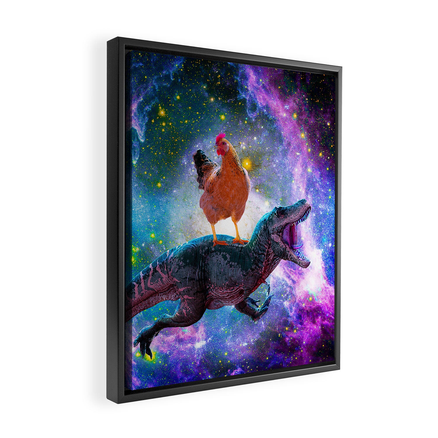Chicken Riding Dinosaur In Space Framed Canvas Print Gallery Image 2