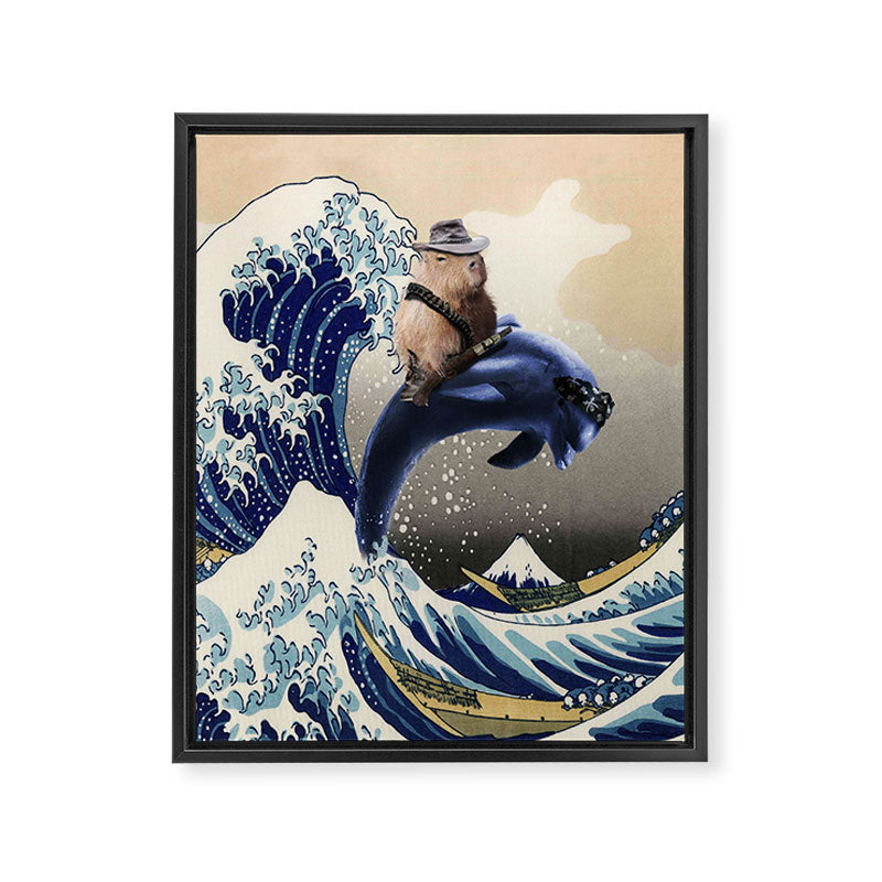 Cowboy Capybara Riding Dolphin Great Wave Framed Canvas Print Gallery Image 6