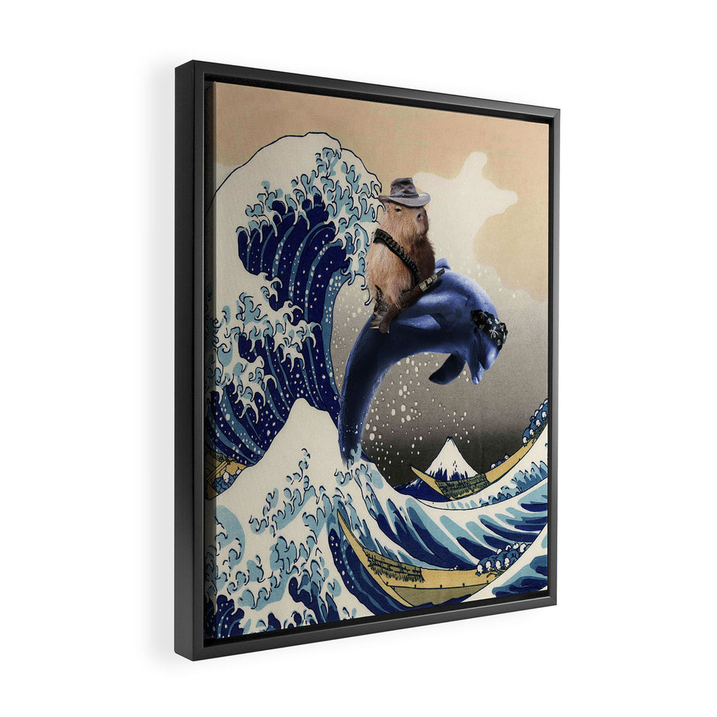 Cowboy Capybara Riding Dolphin Great Wave Framed Canvas Print Gallery Image 2