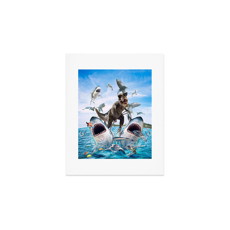 Dinosaur Riding Sharks Art Print Gallery Image 1