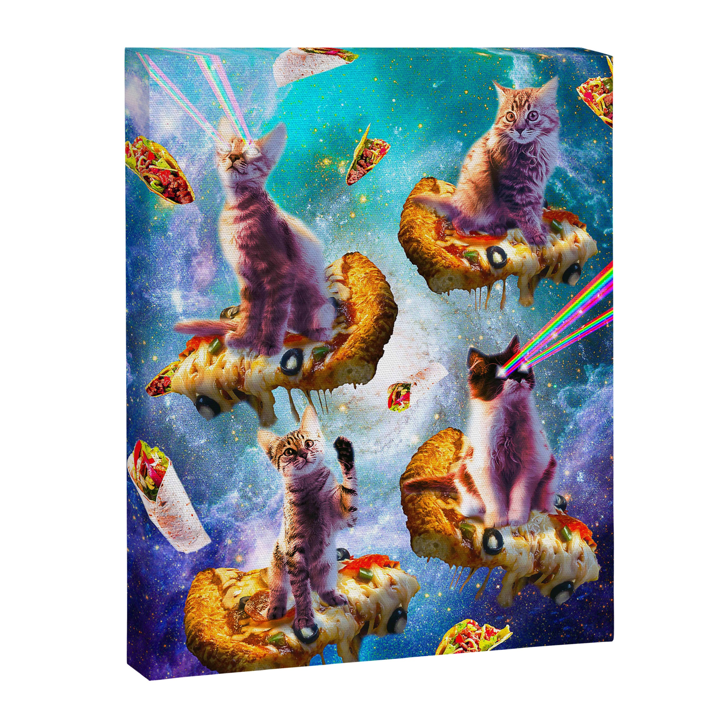 Outer Space Cats With Rainbow Laser Eyes Riding On Pizza Canvas Print Gallery Image 6