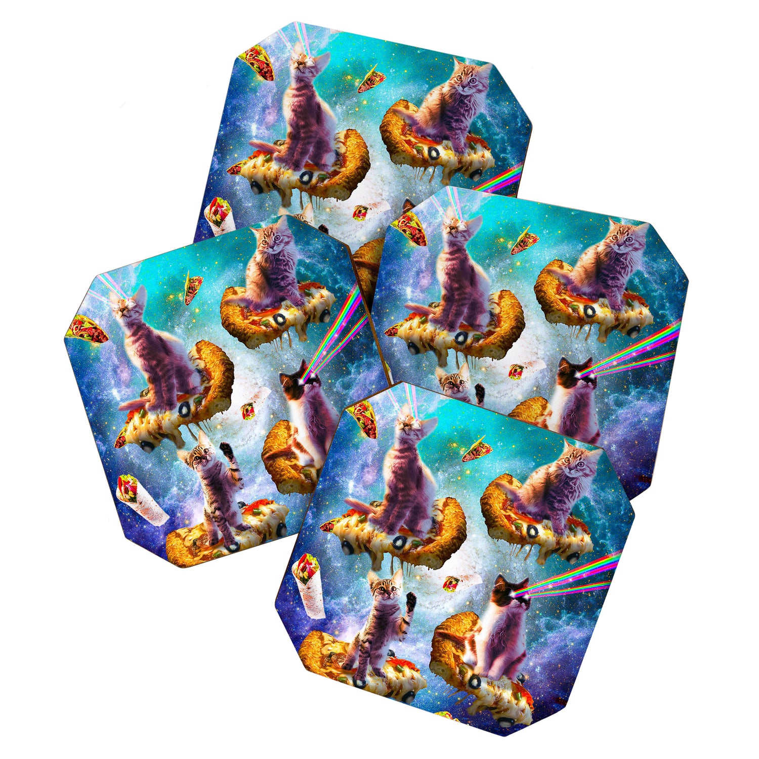 Outer Space Cats With Rainbow Laser Eyes Riding On Pizza Coaster Gallery Image 1