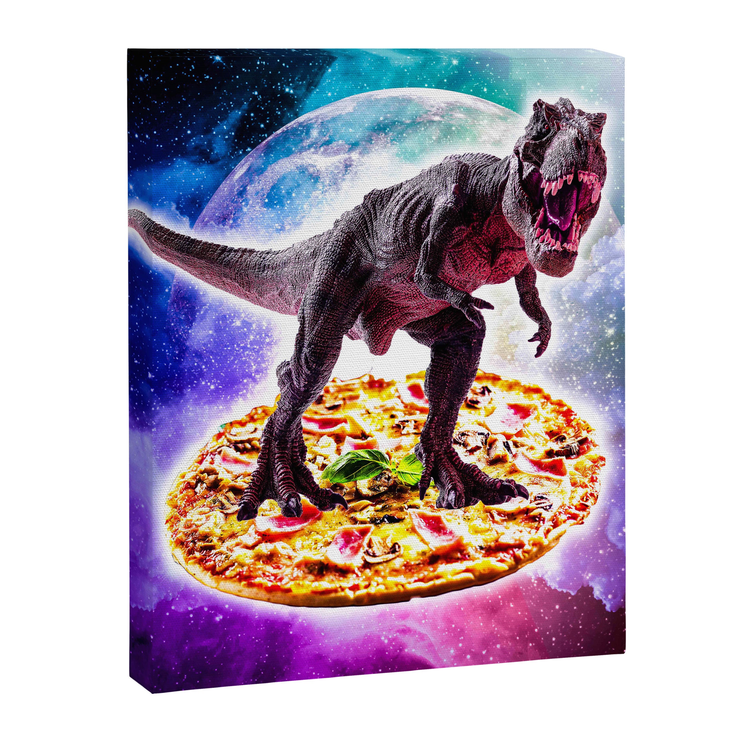 Tyrannosaurus Rex Dinosaur Riding Pizza In Space Canvas Print Gallery Image 6