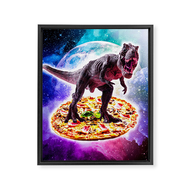 Tyrannosaurus Rex Dinosaur Riding Pizza In Space Framed Canvas Print Gallery Image 6