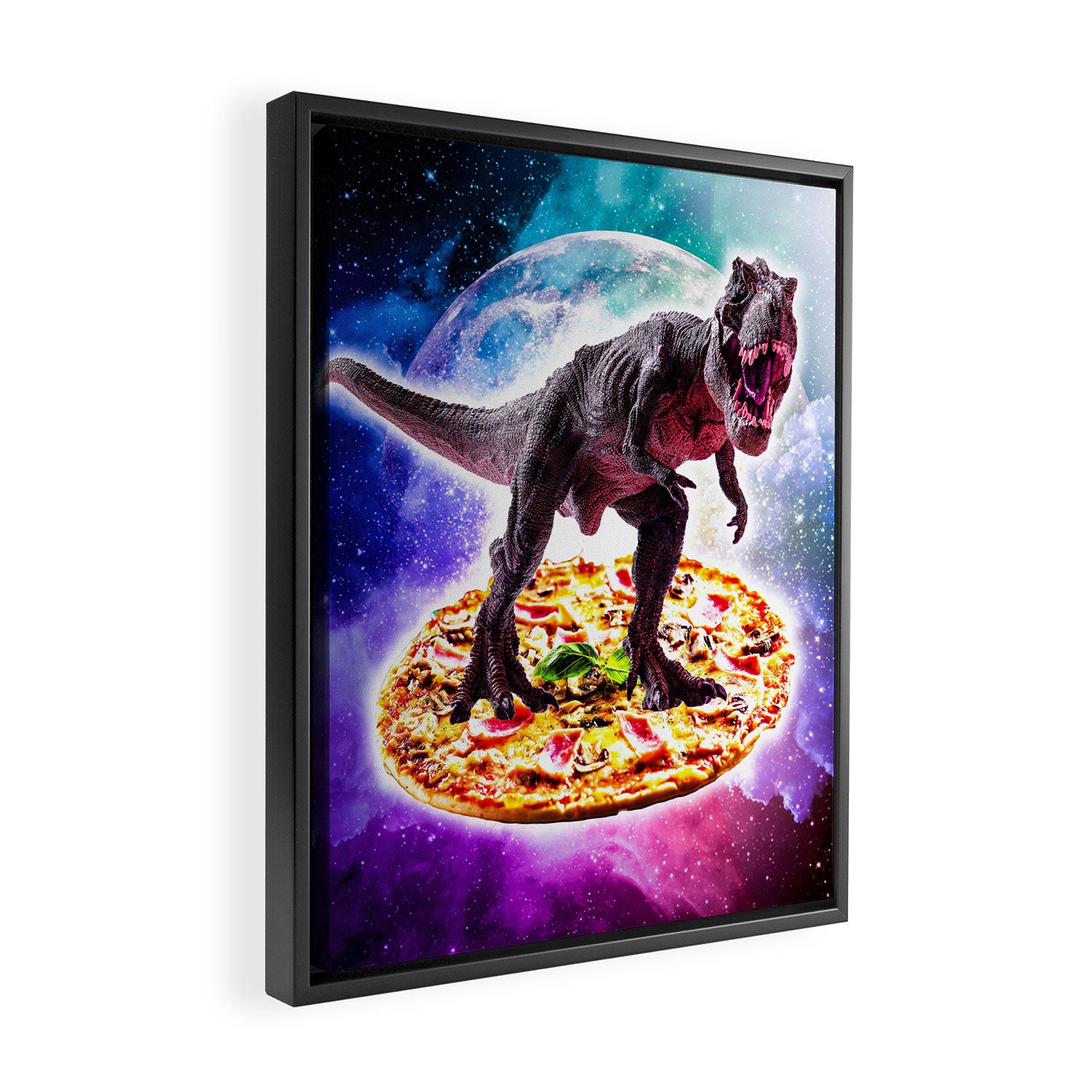 Tyrannosaurus Rex Dinosaur Riding Pizza In Space Framed Canvas Print Gallery Image 2