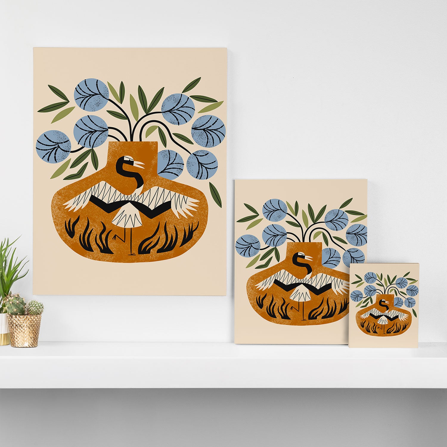 Blue Peonies And Crane Vase Canvas Print Gallery Image 3