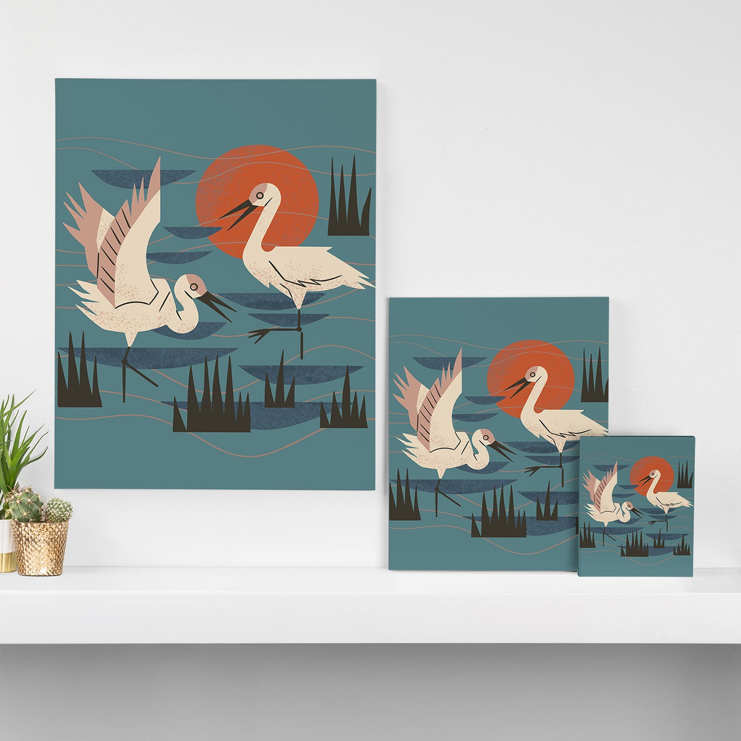 Cranes Wading At Sunset Canvas Print Gallery Image 3