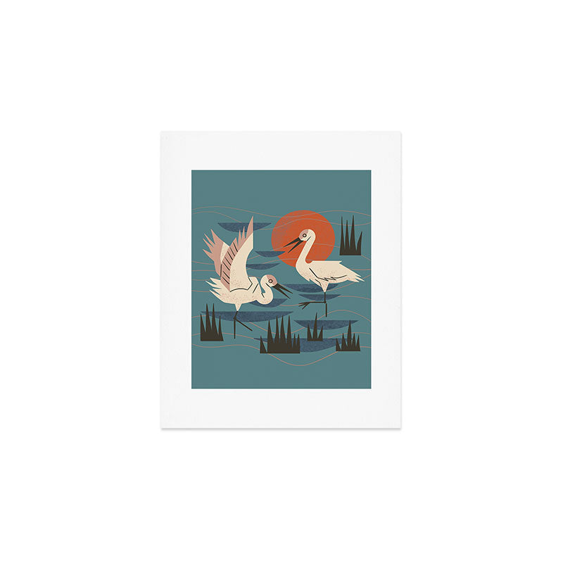 Cranes Wading At Sunset Art Print Gallery Image 1