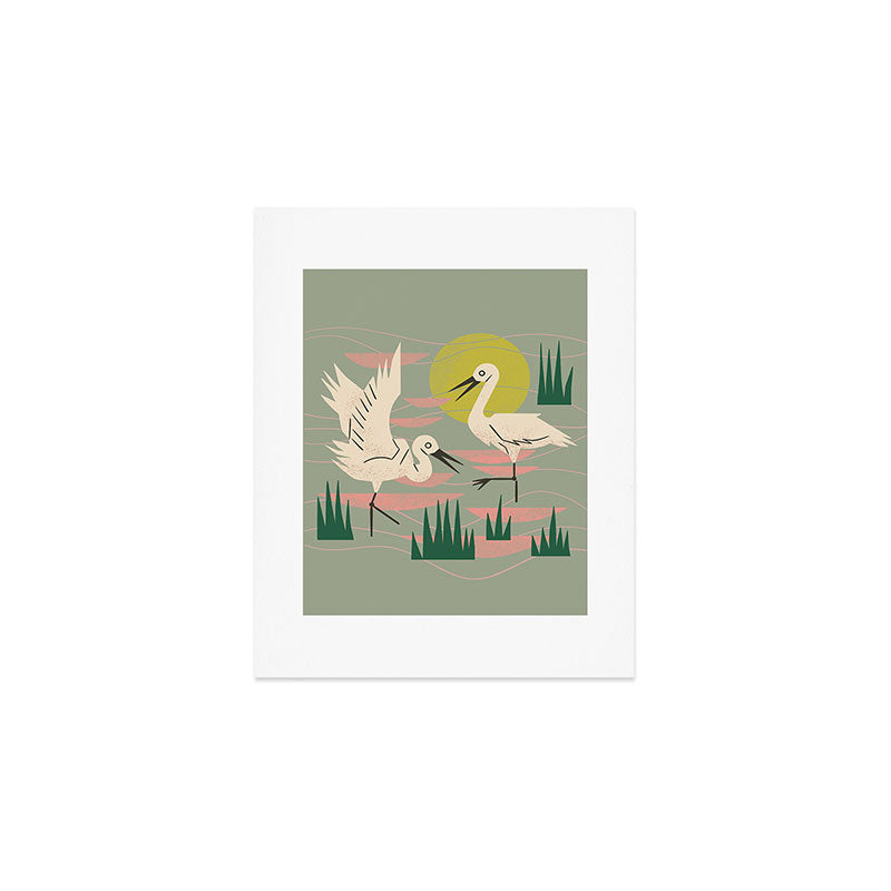Cranes Wading At Sunset (Sage) Art Print Gallery Image 1
