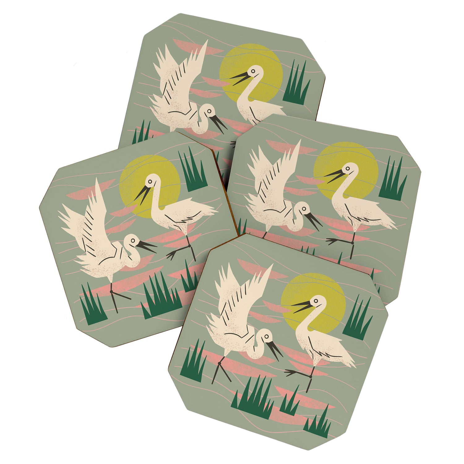 Cranes Wading At Sunset (Sage) Coaster Gallery Image 1