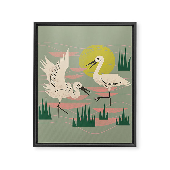 Cranes Wading At Sunset (Sage) Framed Canvas Print Gallery Image 1