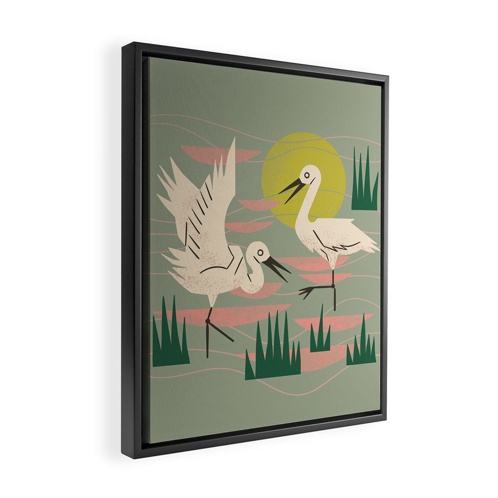 Cranes Wading At Sunset (Sage) Framed Canvas Print Gallery Image 2