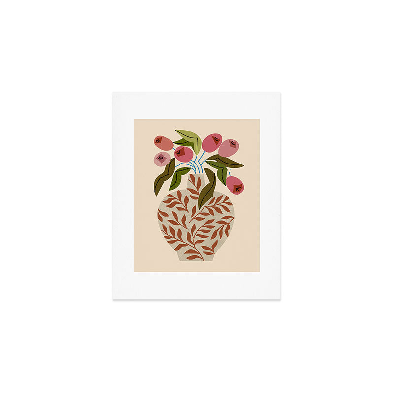 Pink Tulips In Fern Vase Art Print Gallery Image 1