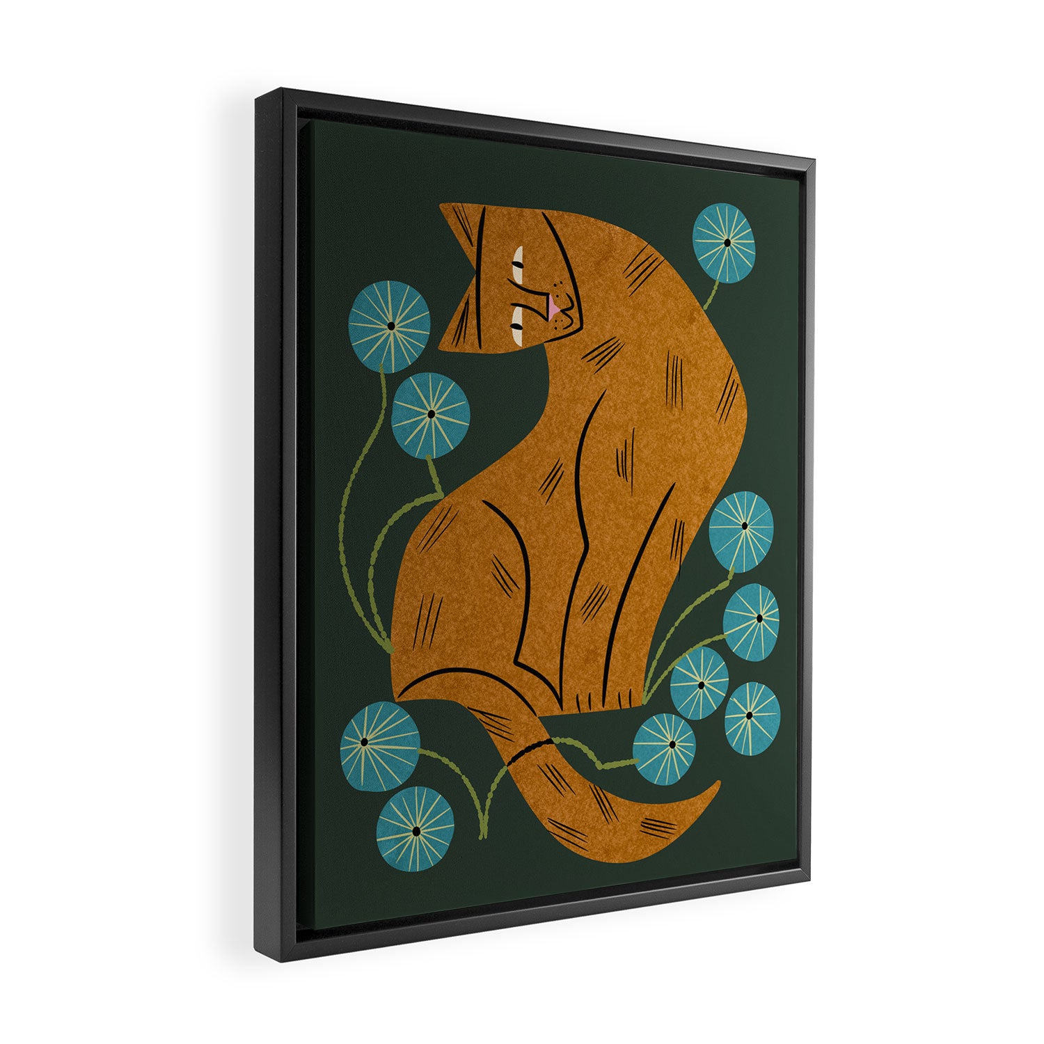 Playful Tabby and Blue Flowers Framed Canvas Print Gallery Image 2