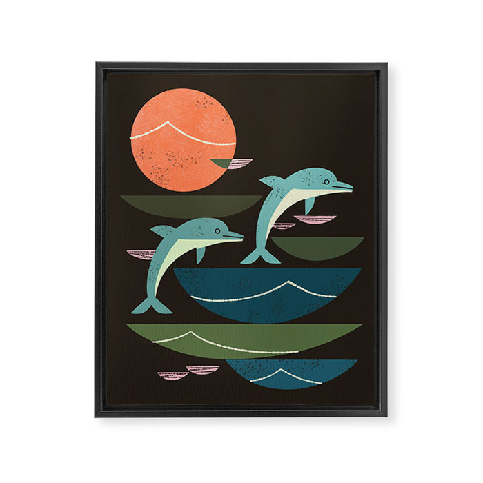 Sunset Dolphins Framed Canvas Print Gallery Image 1