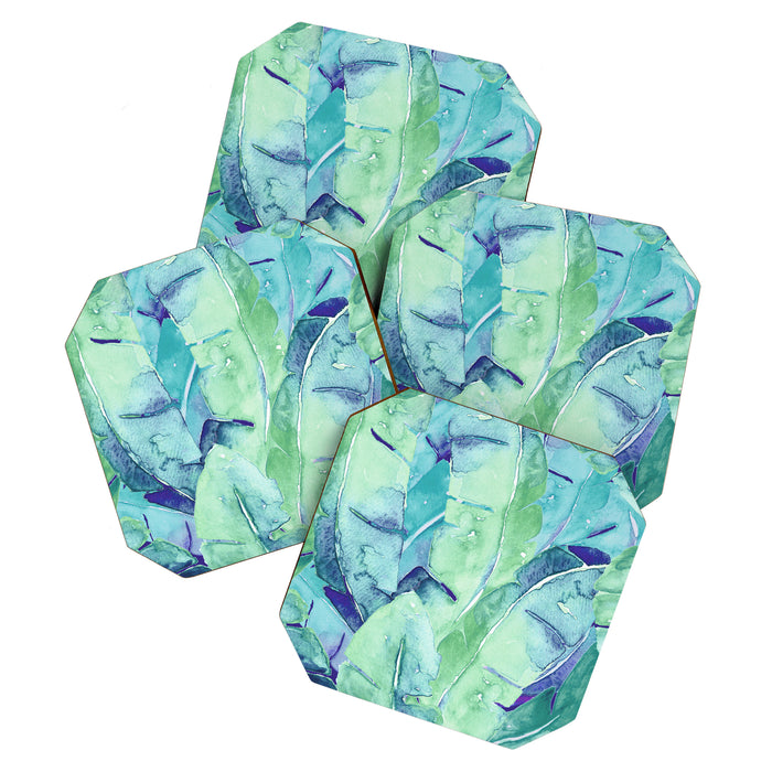 Banana Tree Leaves | Tropical  BLUE Watercolor Coaster Gallery Image 1
