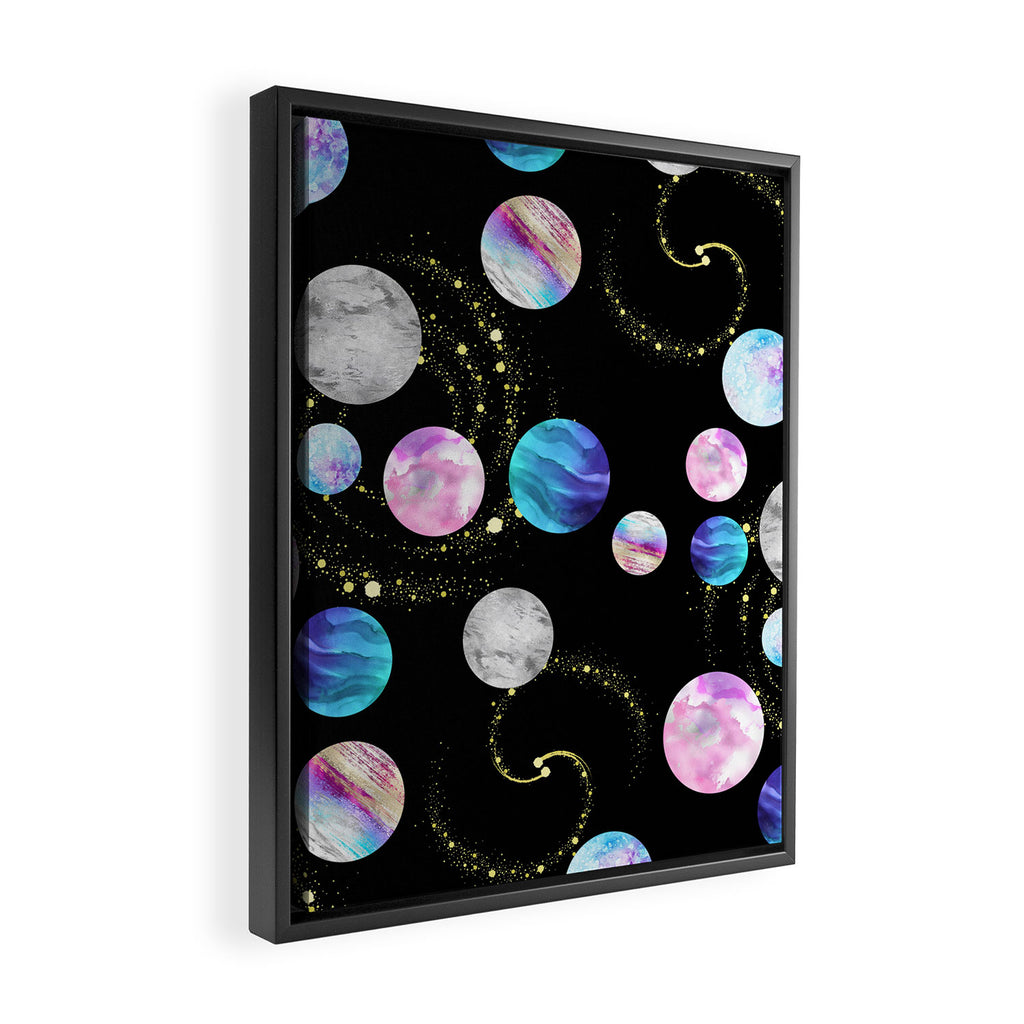 Outer Space: Planets, Galaxies, and Stars (watercolor and gold) Pattern Framed Canvas Print Gallery Image 2