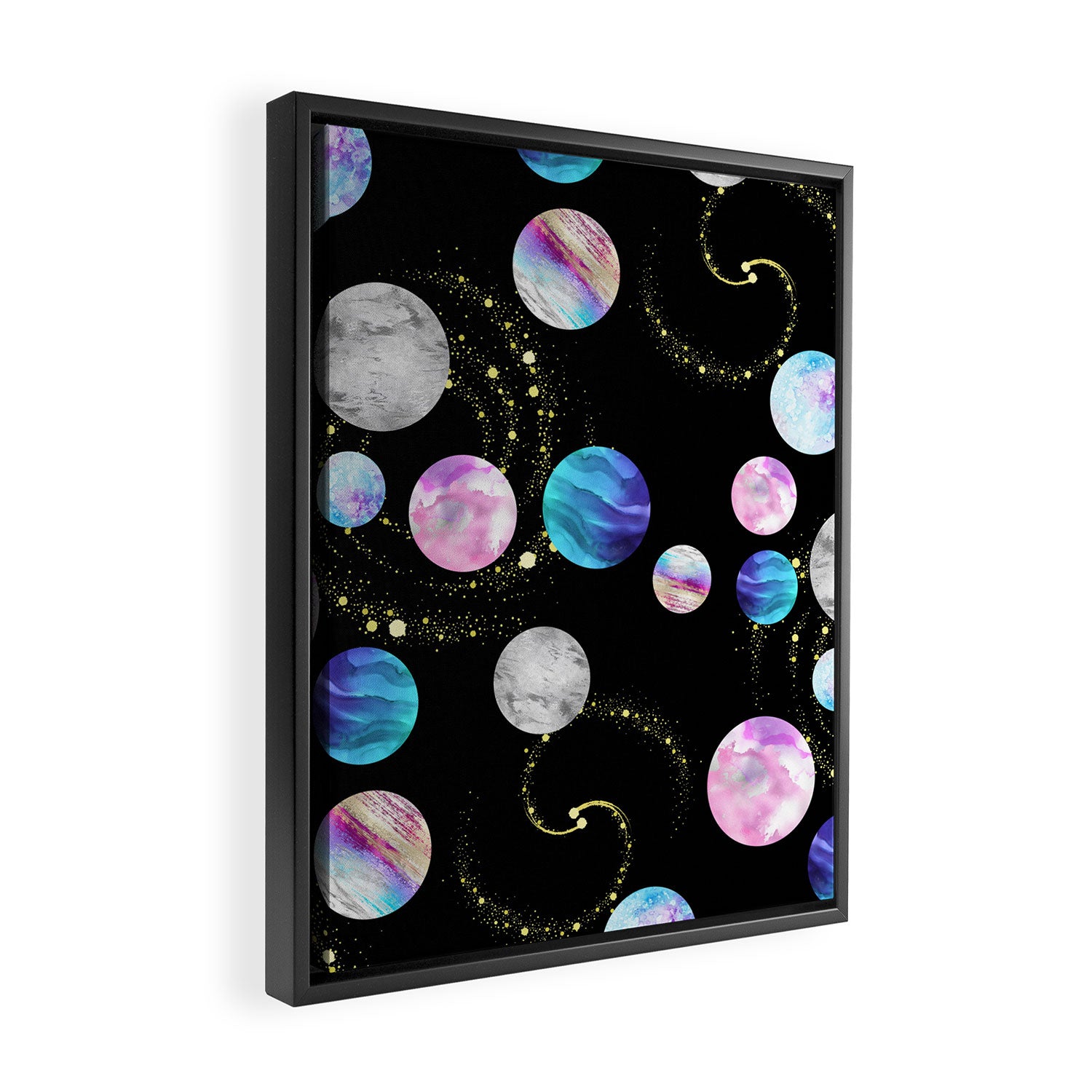 Outer Space: Planets, Galaxies, and Stars (watercolor and gold) Pattern Framed Canvas Print Gallery Image 2