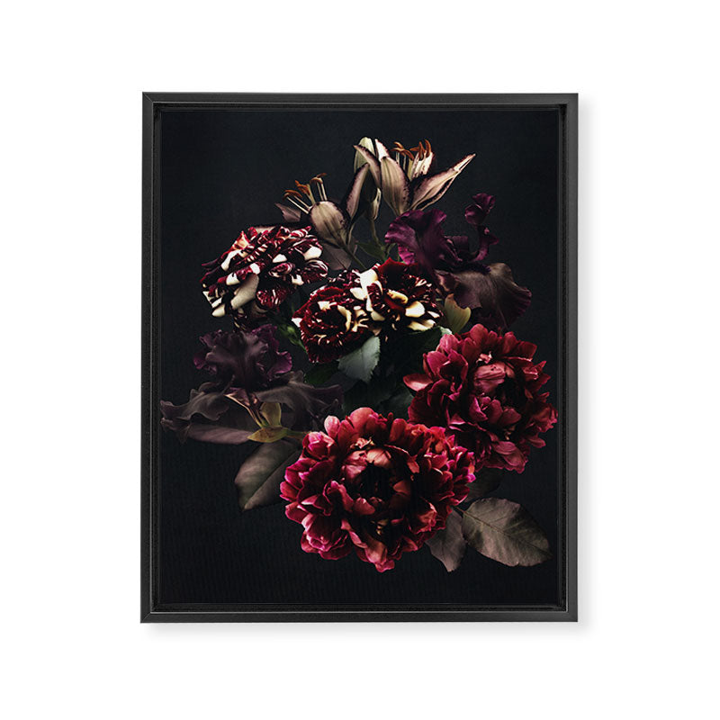 Midnight garden. Vintage bouquet of roses, dark red peony and iris. Framed Canvas Print Gallery Image 8