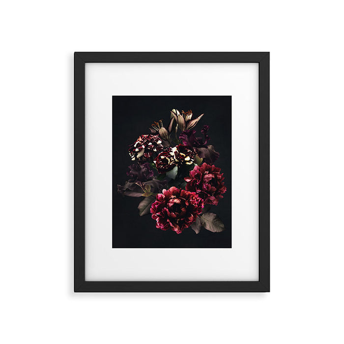 Midnight garden. Vintage bouquet of roses, dark red peony and iris. Framed Art Print Gallery Image 1