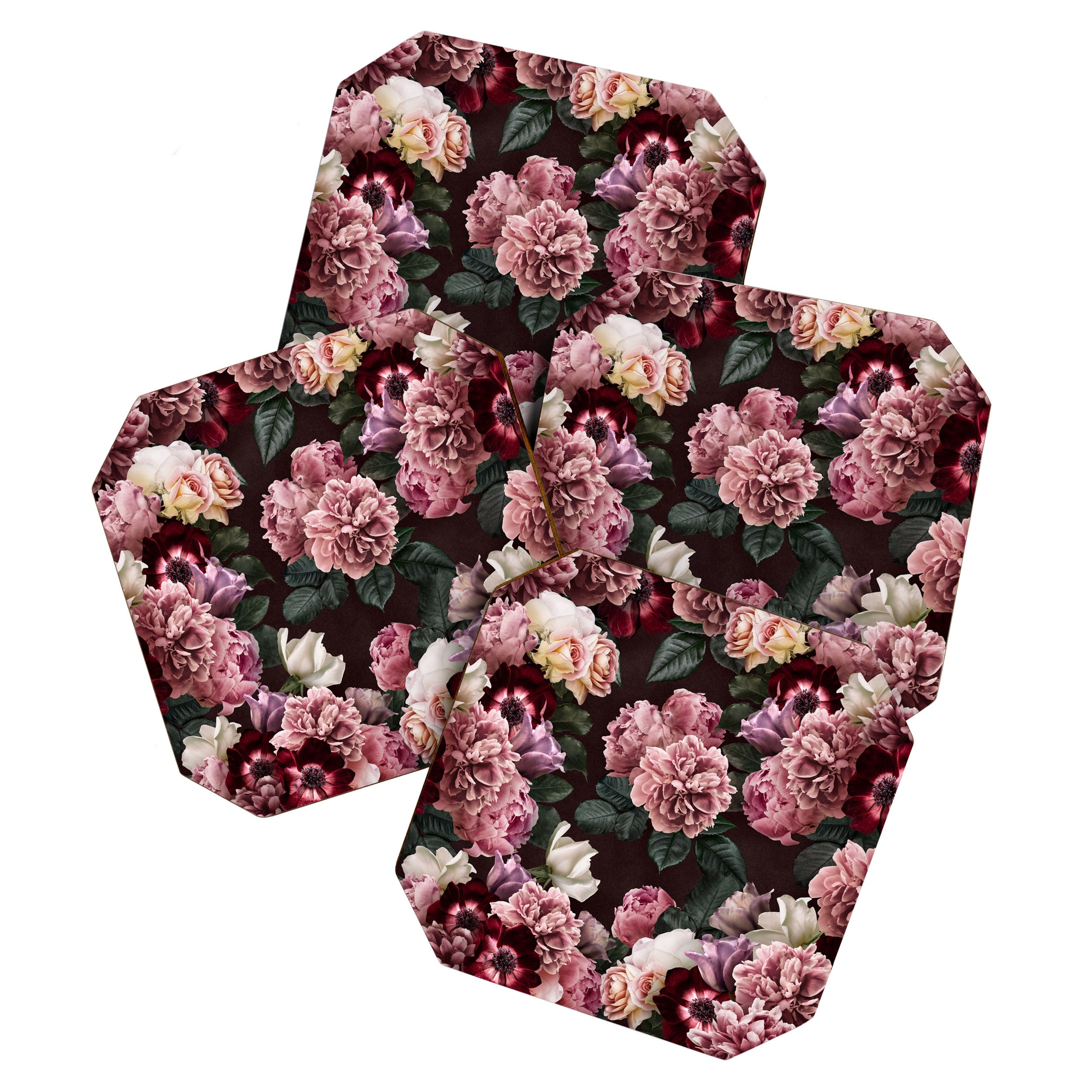 Vintage bouquets of pink lush peonies, purple tulips, roses and dark red anemones. Coaster Gallery Image 1