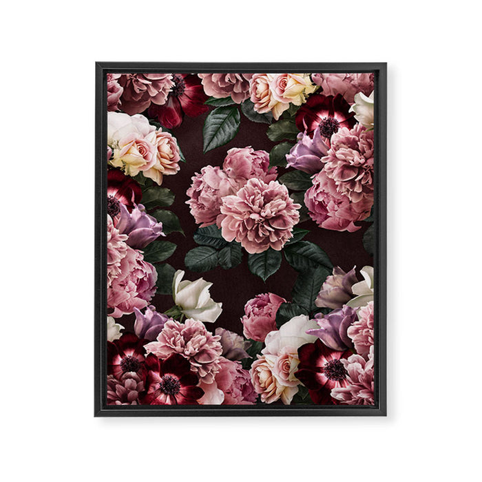 Vintage bouquets of pink lush peonies, purple tulips, roses and dark red anemones. Framed Canvas Print Gallery Image 1