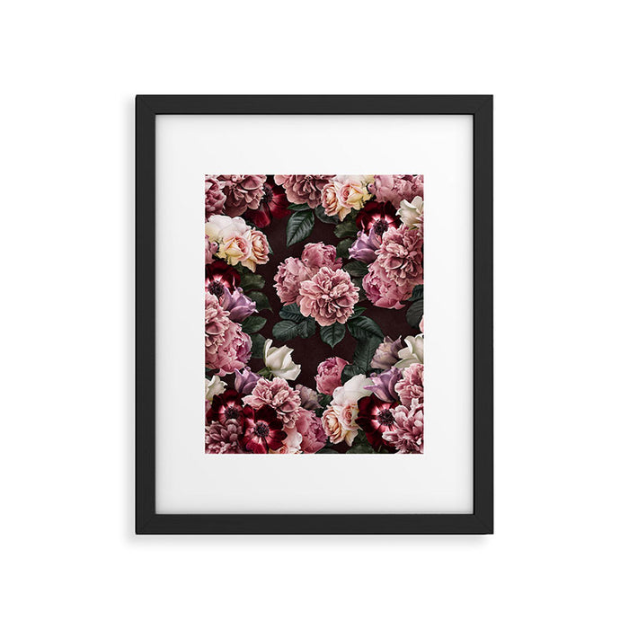Vintage bouquets of pink lush peonies, purple tulips, roses and dark red anemones. Framed Art Print Gallery Image 1