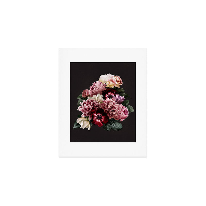 Vintage flowers bouquet. Peony, roses, anemone on dark moody background. Art Print Gallery Image 1