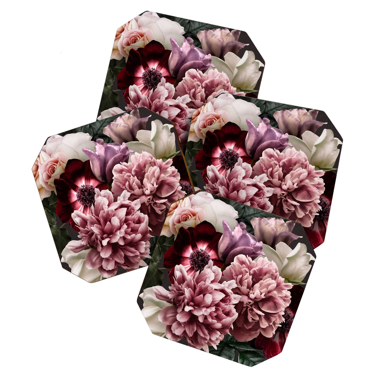 Vintage flowers bouquet. Peony, roses, anemone on dark moody background. Coaster Gallery Image 1