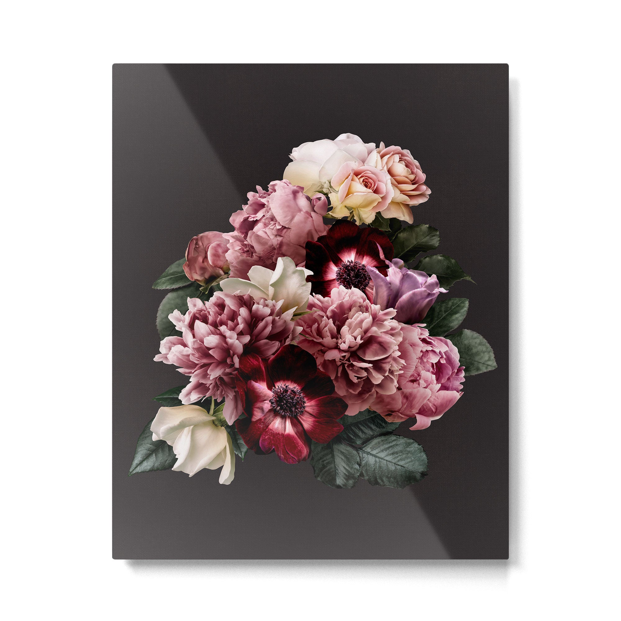 Vintage flowers bouquet. Peony, roses, anemone on dark moody background. Metal Print Gallery Image 6