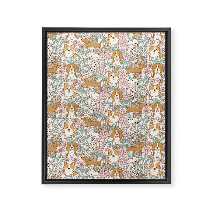 Floral Puppies Framed Canvas Print Gallery Image 1
