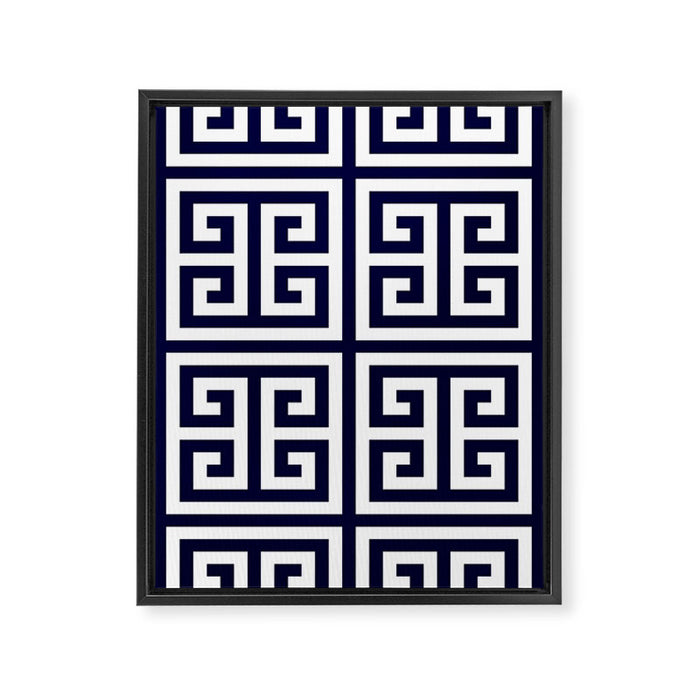 Greek Key Patten White And Navy Blue Framed Canvas Print Gallery Image 1