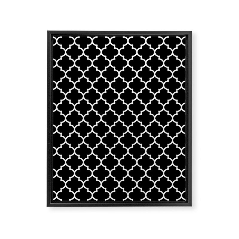 White Moroccan Quatrefoil On Darkest Black Framed Canvas Print Gallery Image 8