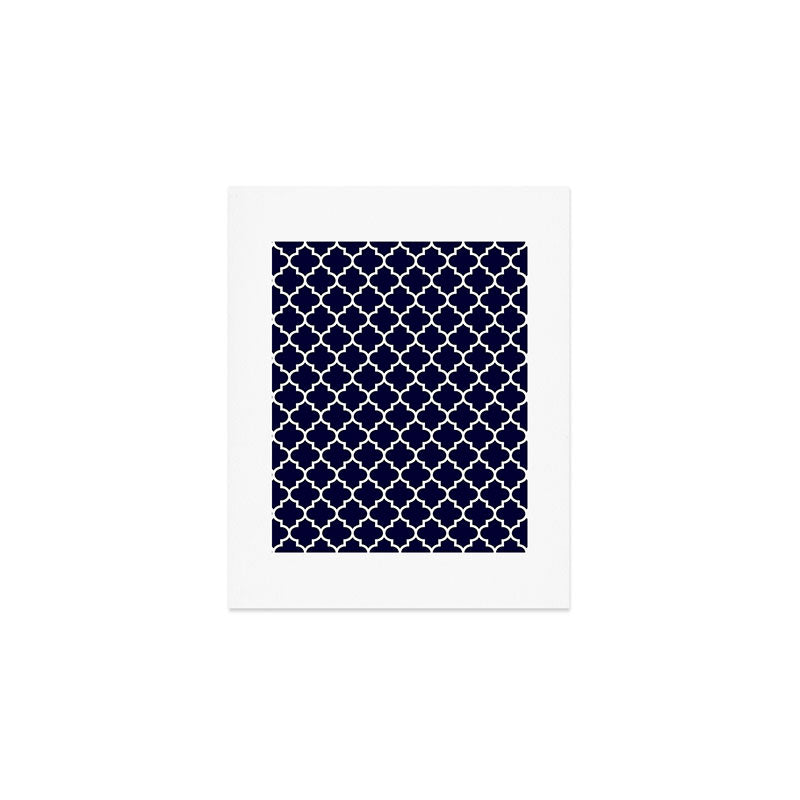 White Moroccan Quatrefoil On Navy Blue Art Print Gallery Image 1