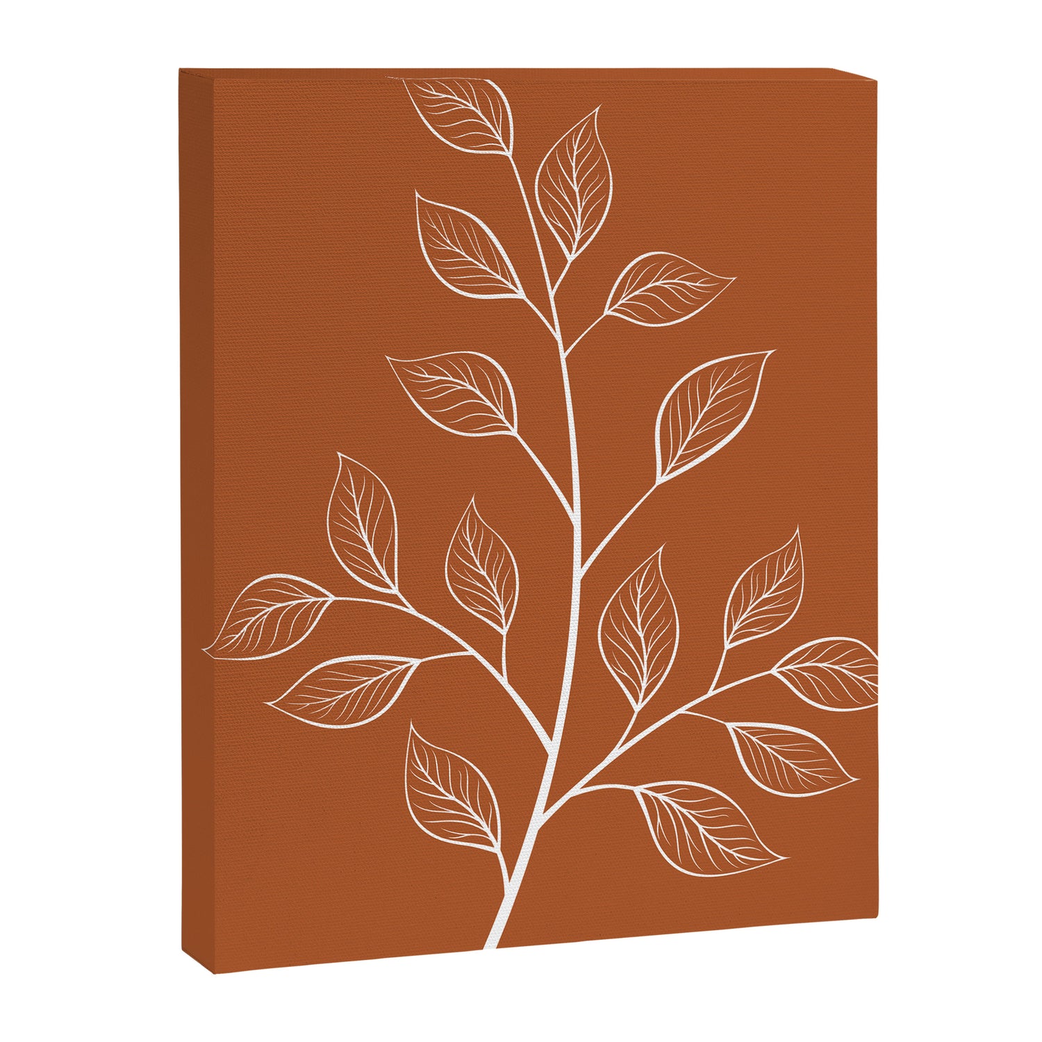 Delicate White Leaves and Branch on a Rust Orange Background Canvas Print Gallery Image 8