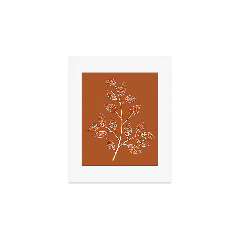 Delicate White Leaves and Branch on a Rust Orange Background Art Print Gallery Image 1