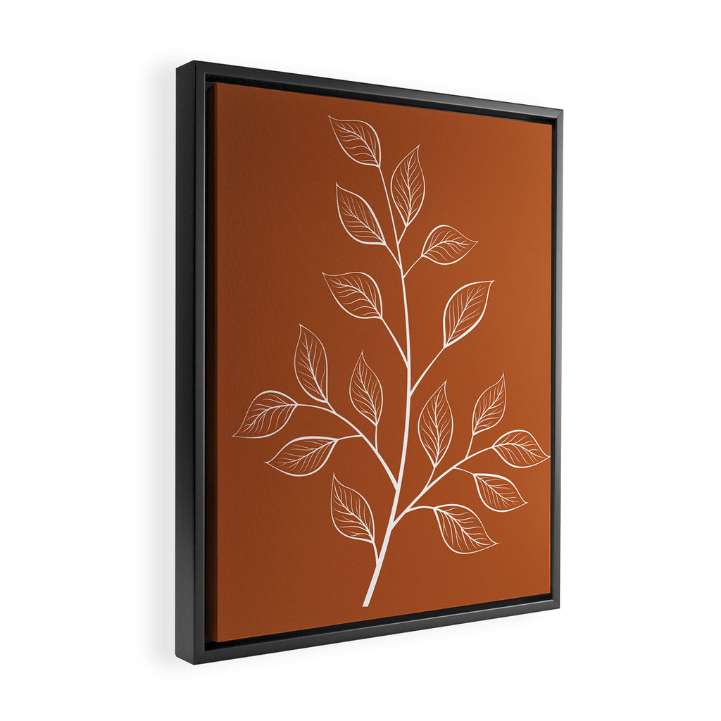 Delicate White Leaves and Branch on a Rust Orange Background Framed Canvas Print Gallery Image 2