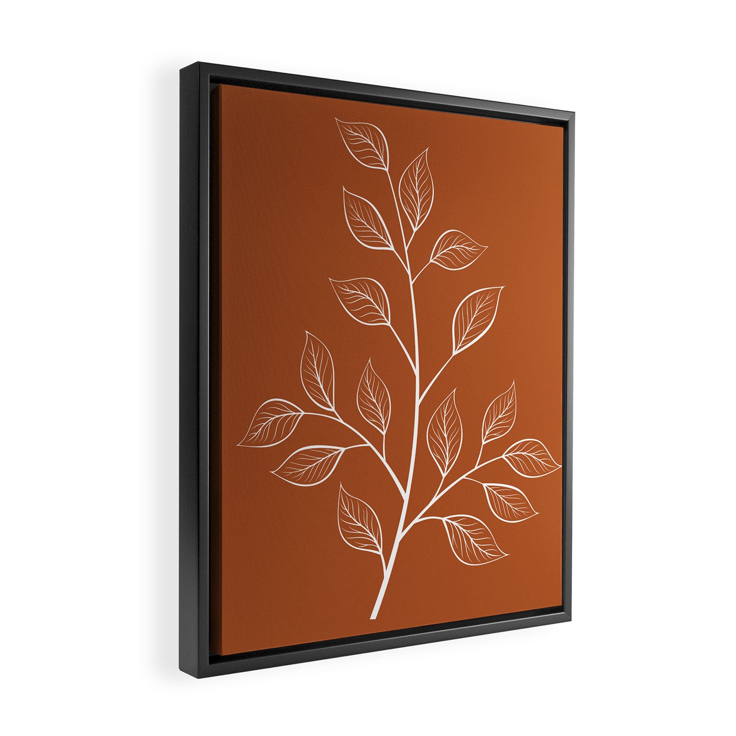 Delicate White Leaves and Branch on a Rust Orange Background Framed Canvas Print Gallery Image 2