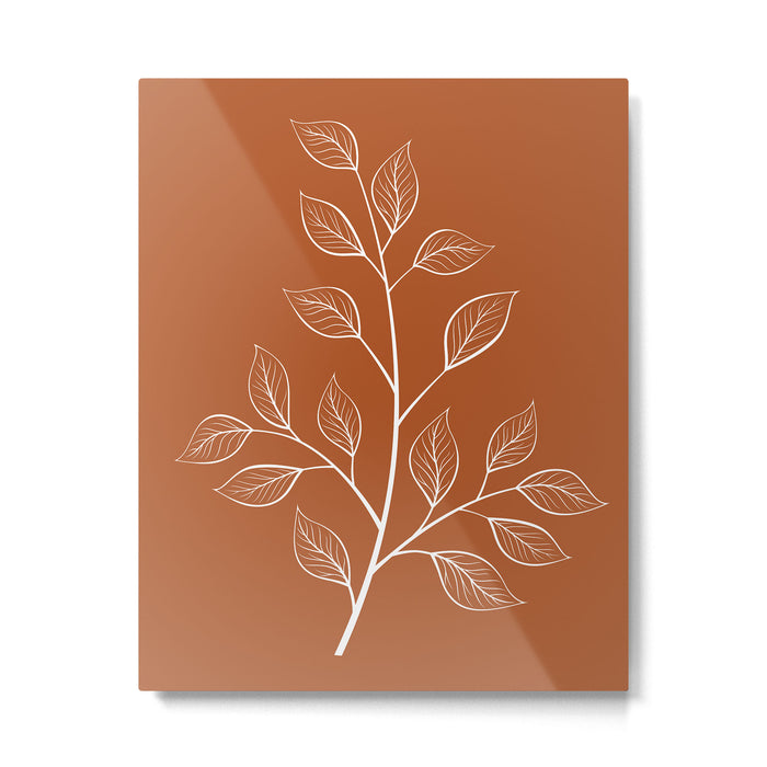 Delicate White Leaves and Branch on a Rust Orange Background Metal Print Gallery Image 1