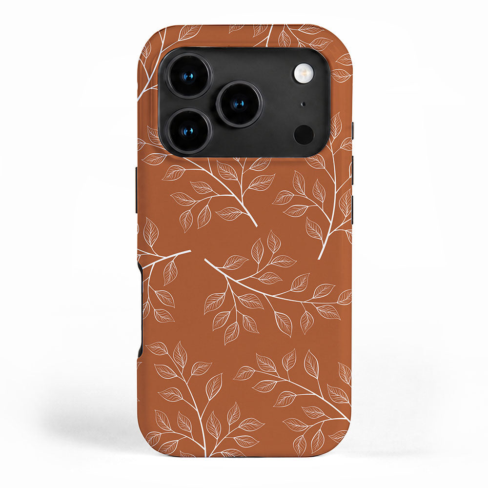 Delicate White Leaves and Branch on a Rust Orange Background iPhone Case Gallery Image 1