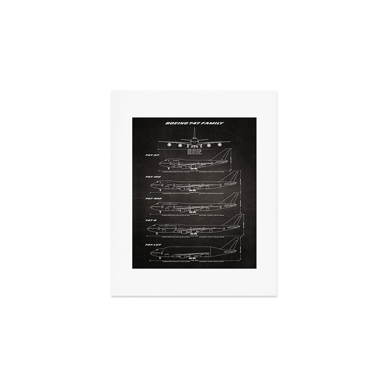Boeing 747 Family Blueprint in High Resolution (black) Art Print Gallery Image 1