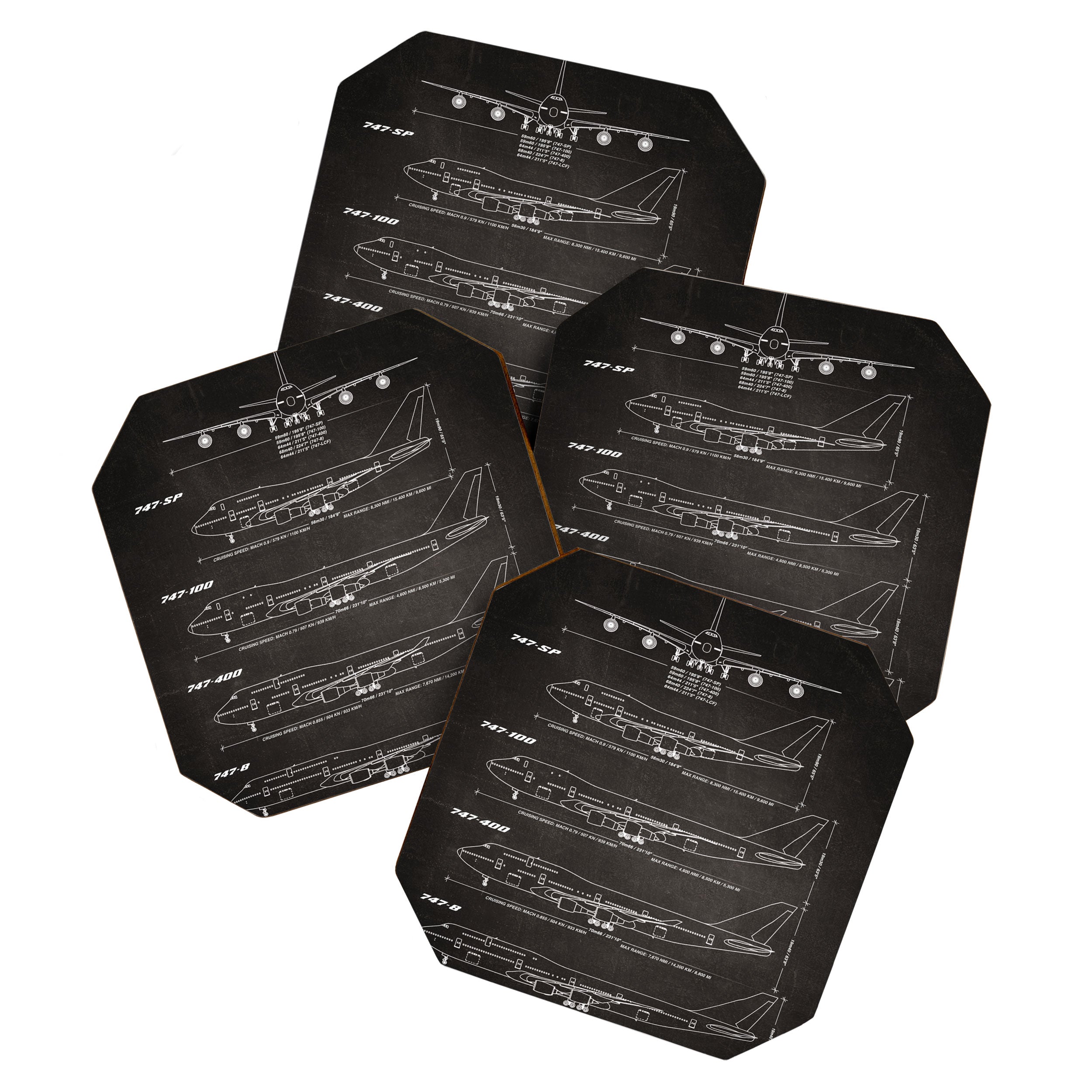 Boeing 747 Family Blueprint in High Resolution (black) Coaster Gallery Image 1