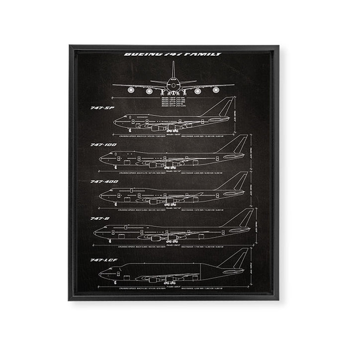Boeing 747 Family Blueprint in High Resolution (black) Framed Canvas Print Gallery Image 1