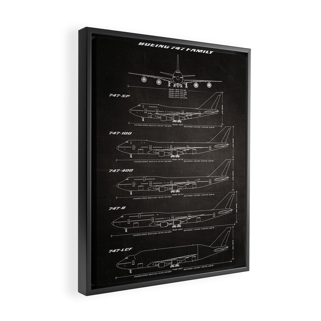 Boeing 747 Family Blueprint in High Resolution (black) Framed Canvas Print Gallery Image 2