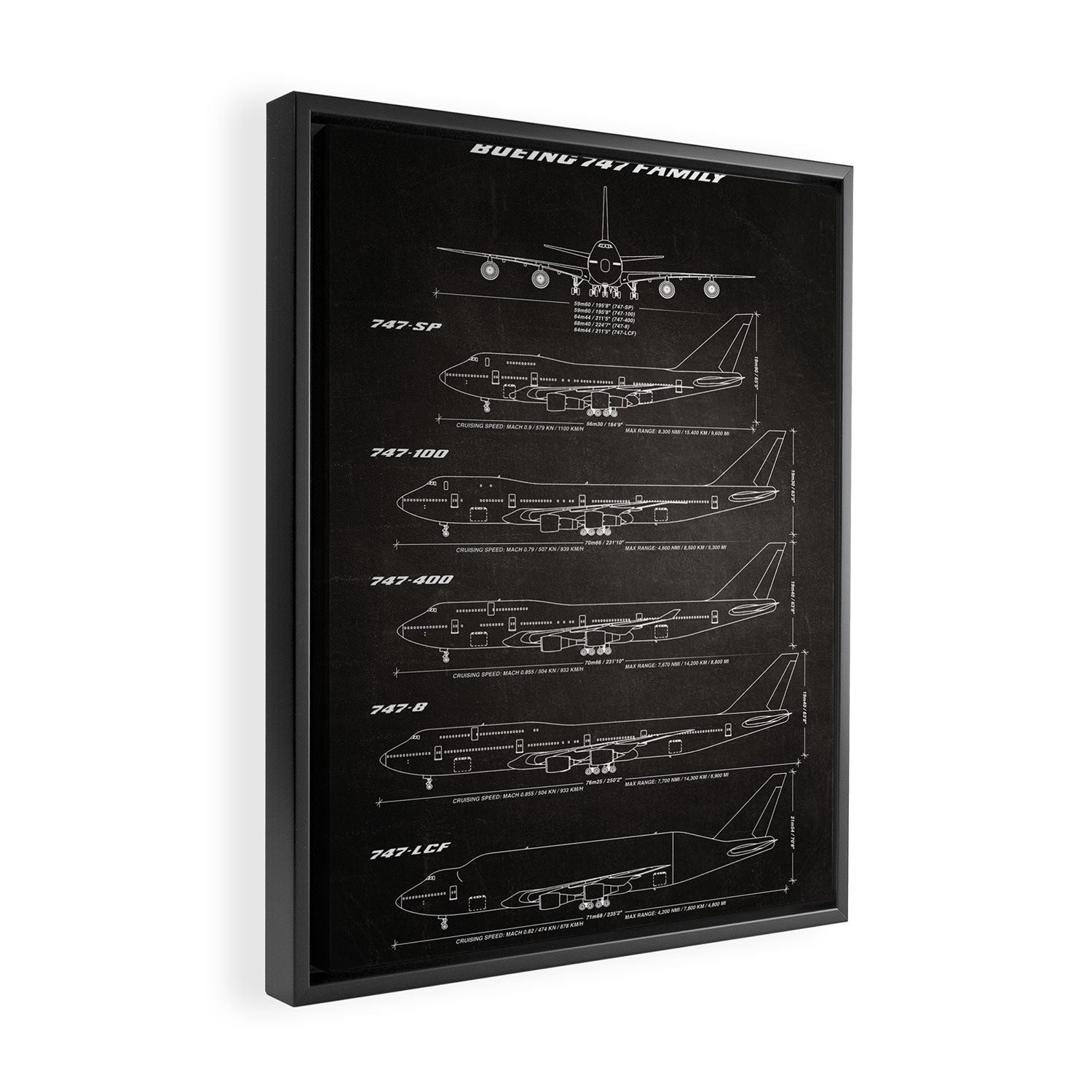 Boeing 747 Family Blueprint in High Resolution (black) Framed Canvas Print Gallery Image 2