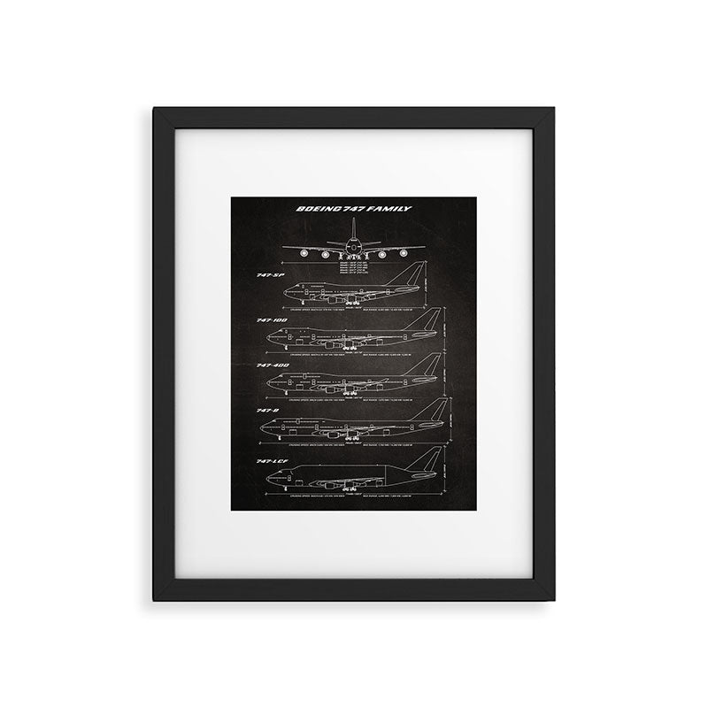 Boeing 747 Family Blueprint in High Resolution (black) Framed Art Print Gallery Image 5
