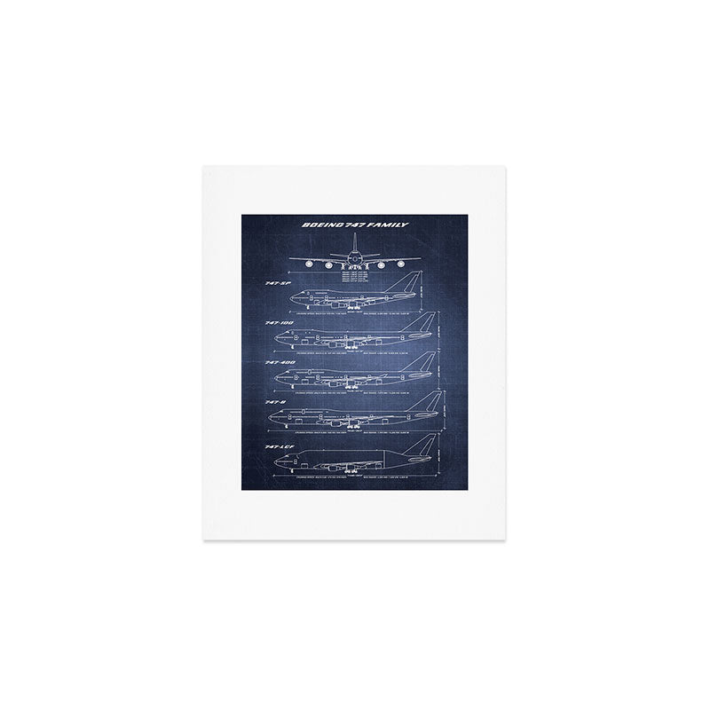Boeing 747 Family Blueprint in High Resolution (dark blue) Art Print Gallery Image 1