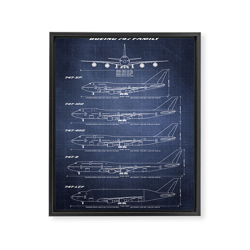 Boeing 747 Family Blueprint in High Resolution (dark blue) Framed Canvas Print Gallery Image 6