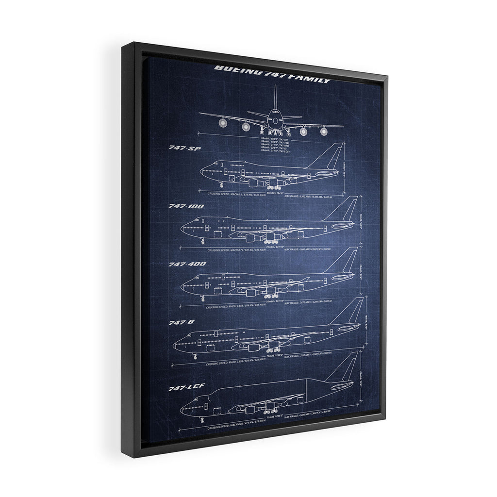Boeing 747 Family Blueprint in High Resolution (dark blue) Framed Canvas Print Gallery Image 2
