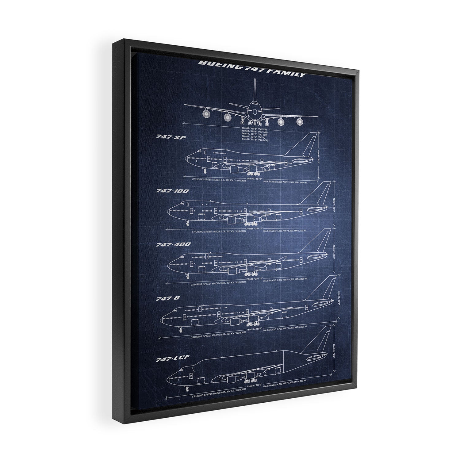 Boeing 747 Family Blueprint in High Resolution (dark blue) Framed Canvas Print Gallery Image 2